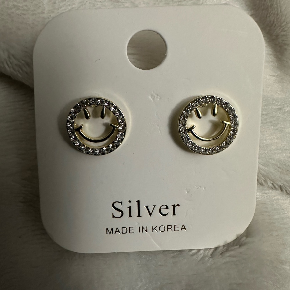 Smiley Face Gold Tone Earrings with Rhinestones Made in Korea NEW